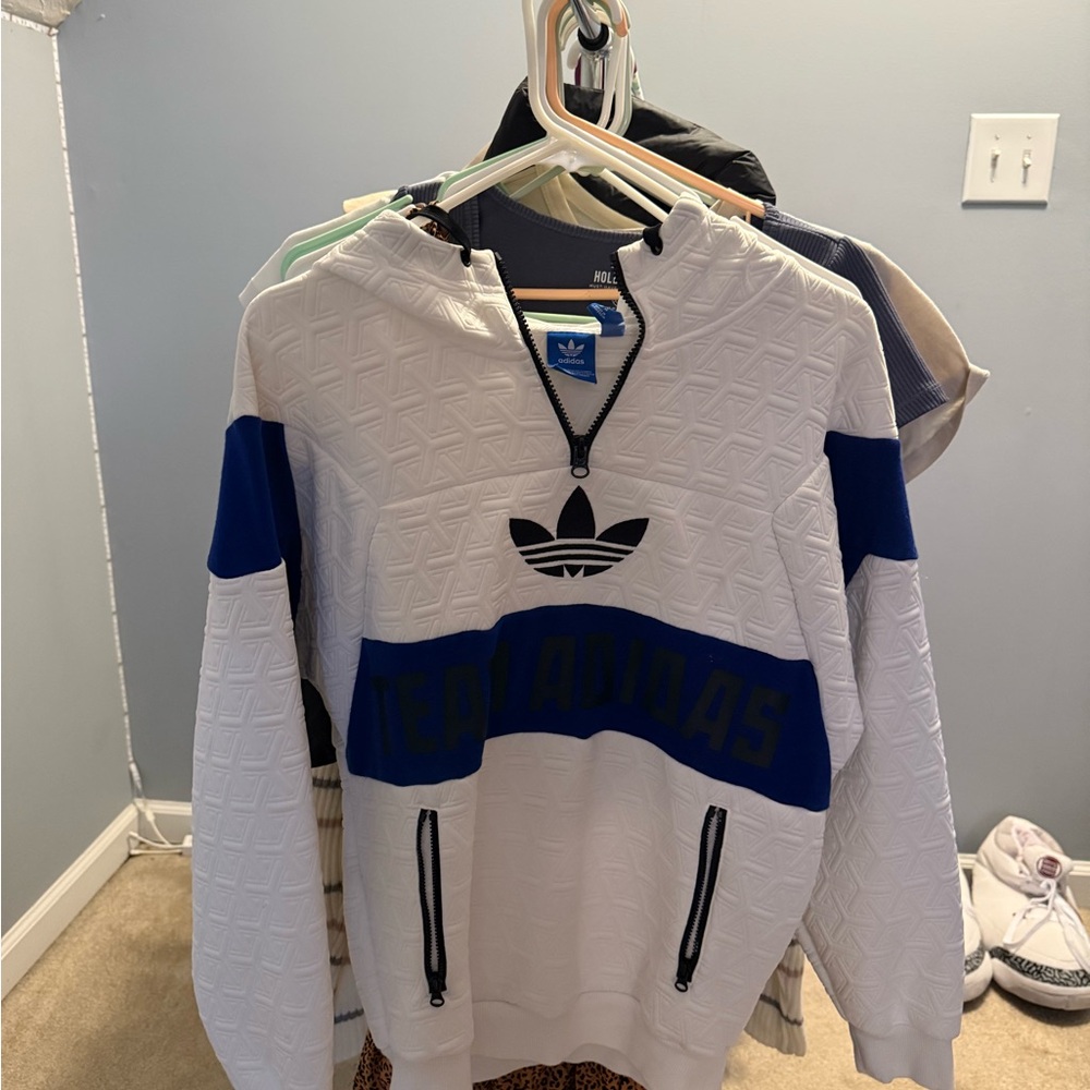 Adidas White and Blue Quarter-Zip Sweatshirt